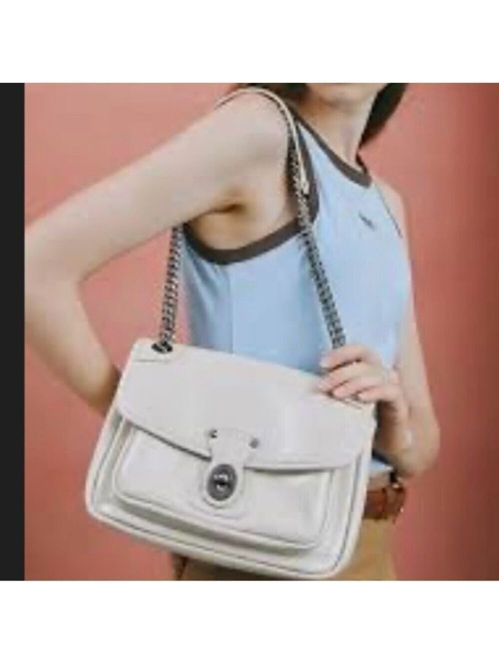 Billie Veromoa Elegant Off White Vegan Leather Satchel Bag with Silver Chain